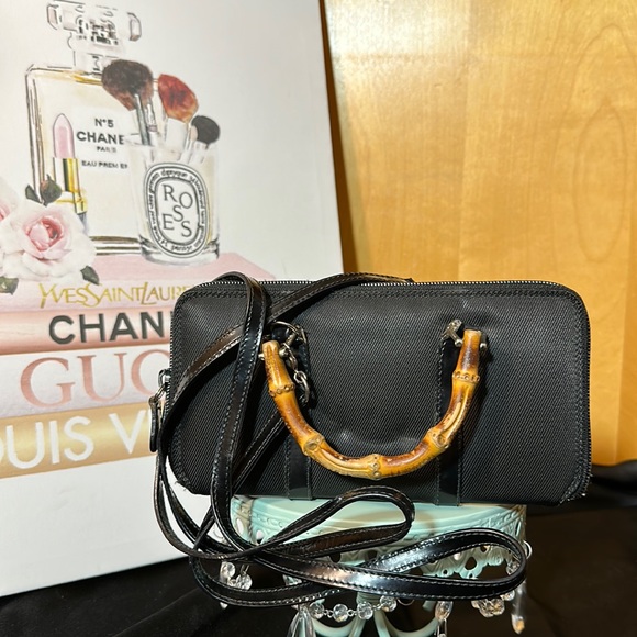 Gucci Bamboo Handle Nylon Zip Around Wallet Purse